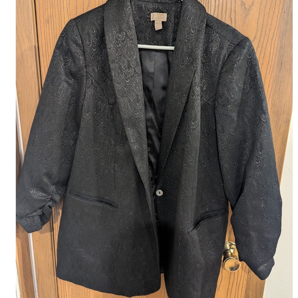 LOGO Lavish Lori Goldstein Black Paisley Metallic Jacquard Shawl Collar Blazer L
